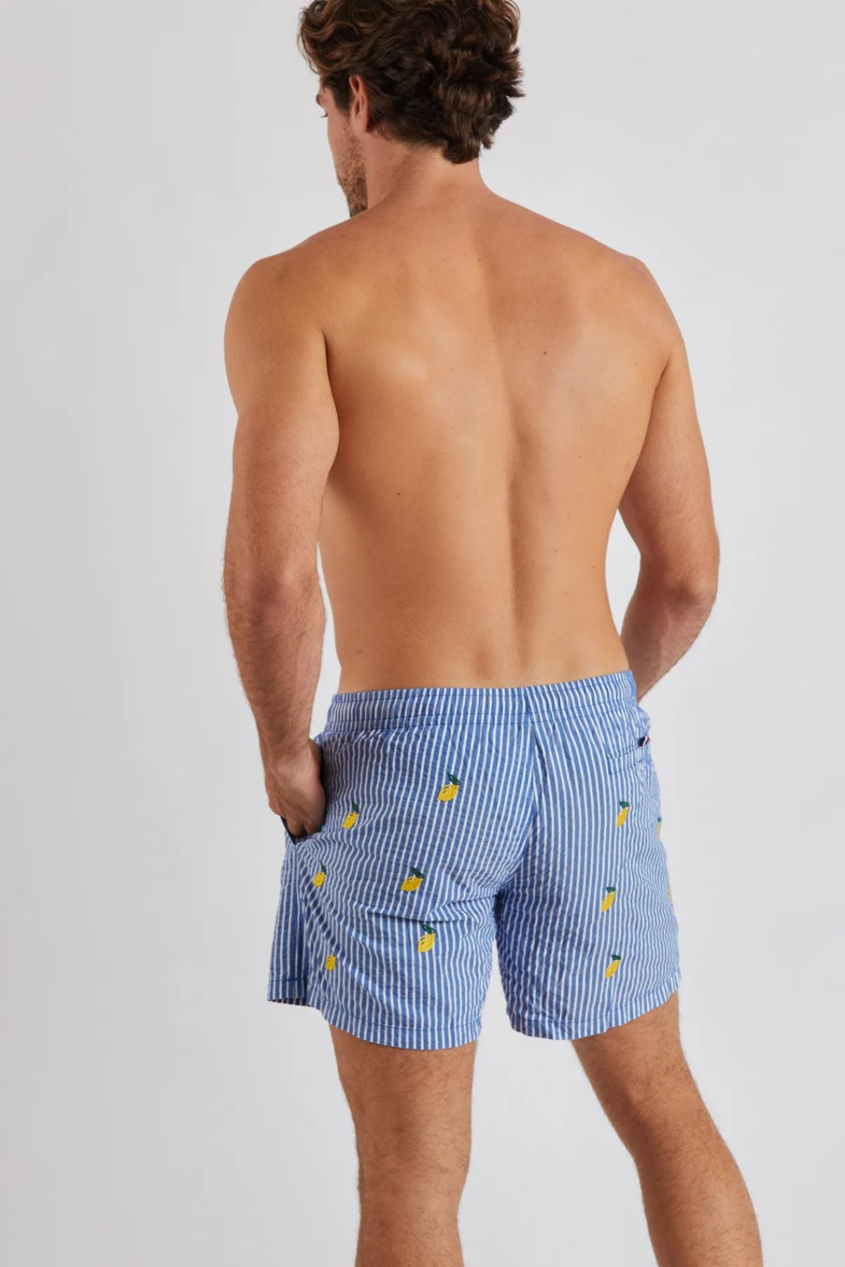 Cala 1789 Short de bain bleu à rayures et motif citron Swimshort Citron Clearance